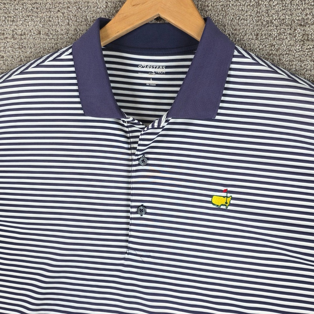 Masters Tech Mens Size Large Blue White Striped Golf Polo Shirt Short Sleeve
